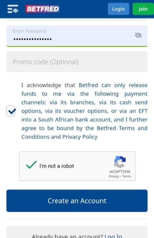 Check the box to acknowledge Betfred’s T&Cs