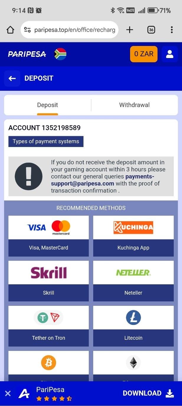 Choose your preferred deposit method (e.g., OZOW, e-wallet).