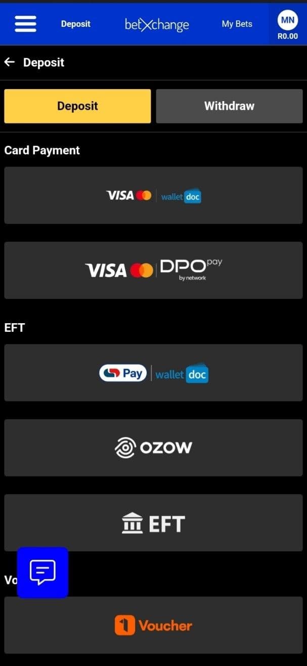 Click Deposit and select your payment method