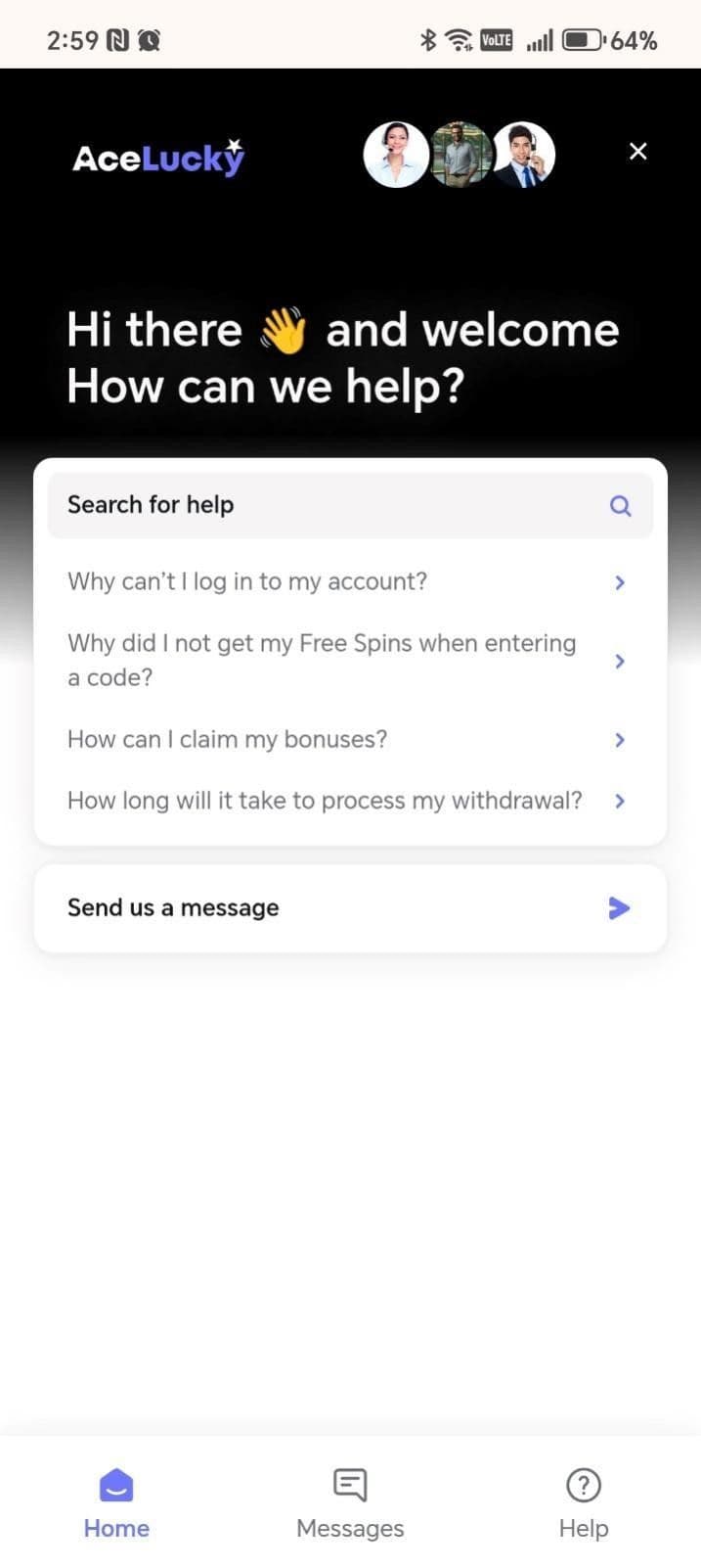 Customer Support Ace lucky casino
