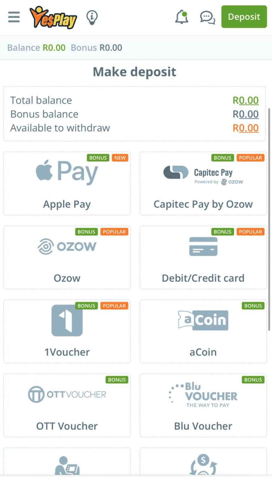 Deposit Methods at YesPlay