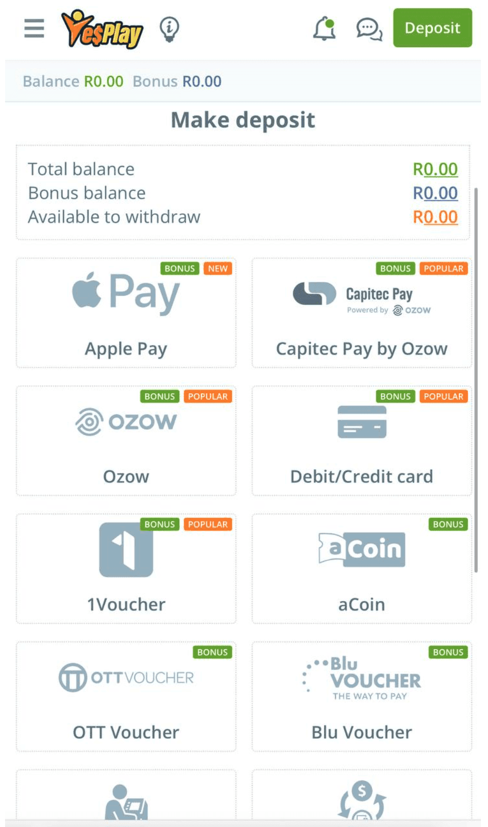 Deposit via card, EFT, or e-wallet.