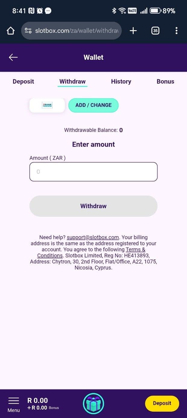 Enter the withdrawal amount in ZAR.