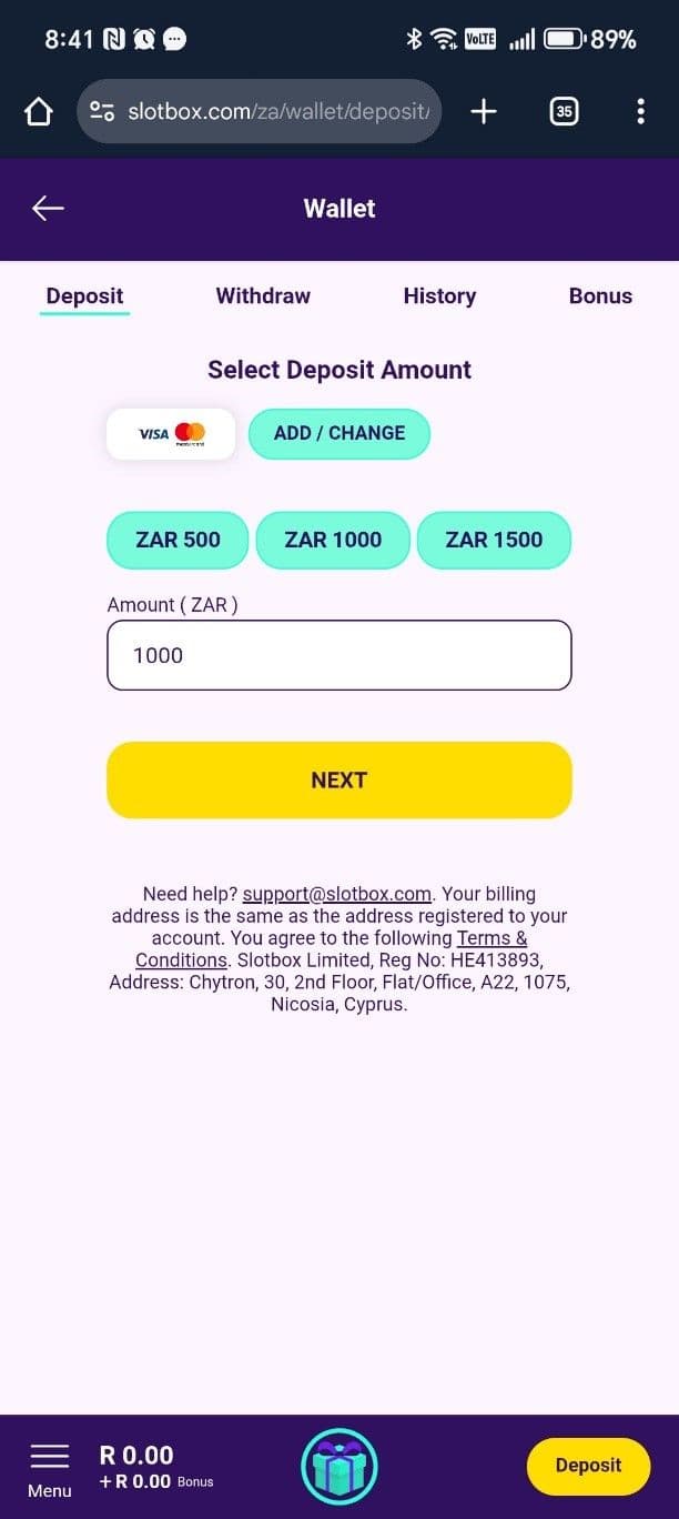 Enter your deposit amount in Rands (ZAR).