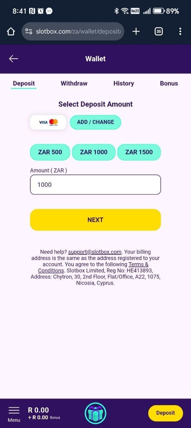 Enter your deposit amount in Rands slotbox