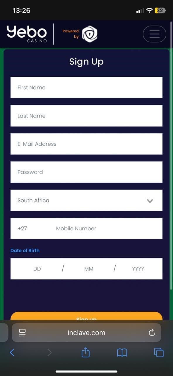 Enter your personal details Yebo Casino