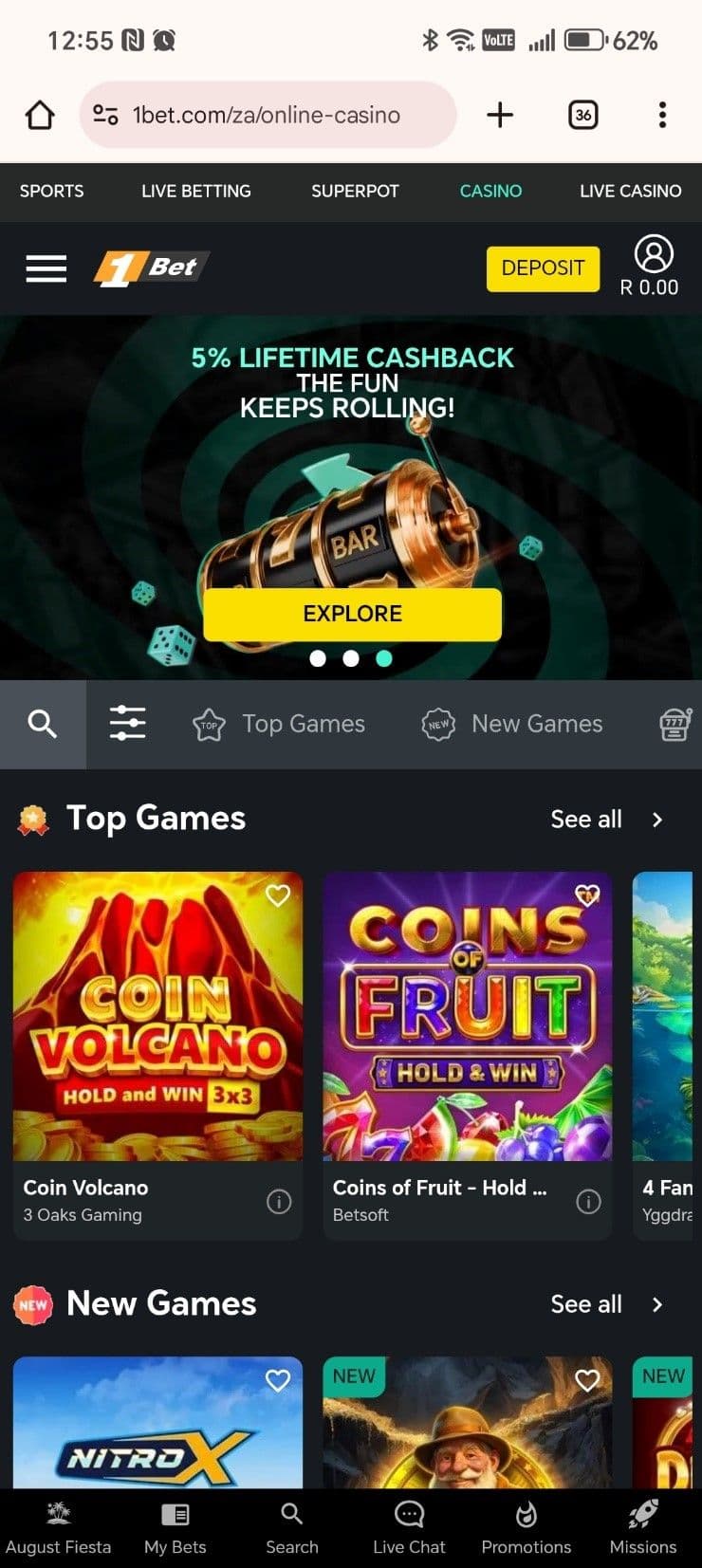 Explore the 1Bet casino lobby