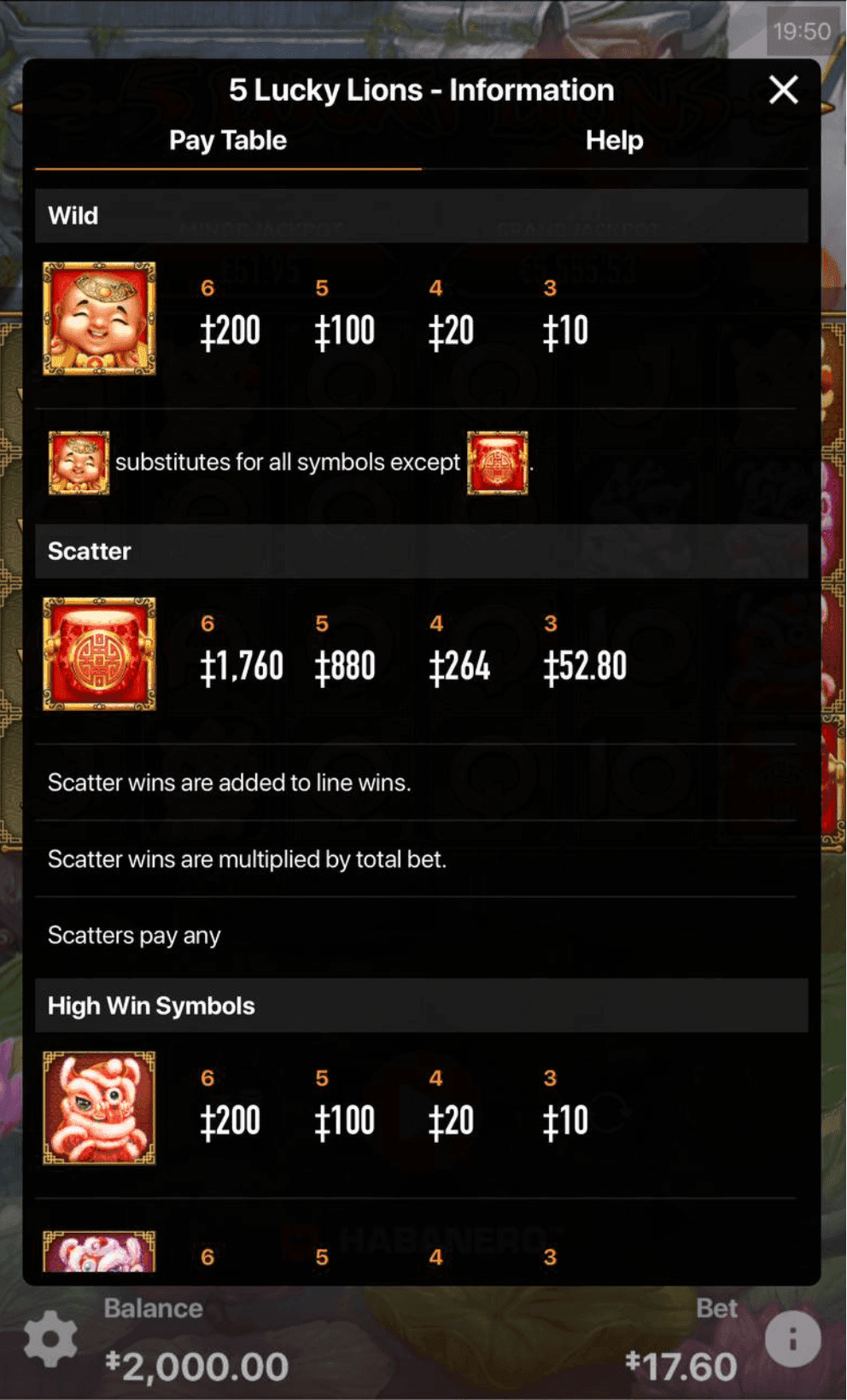 Game Symbols and Payouts 5 lucky lions