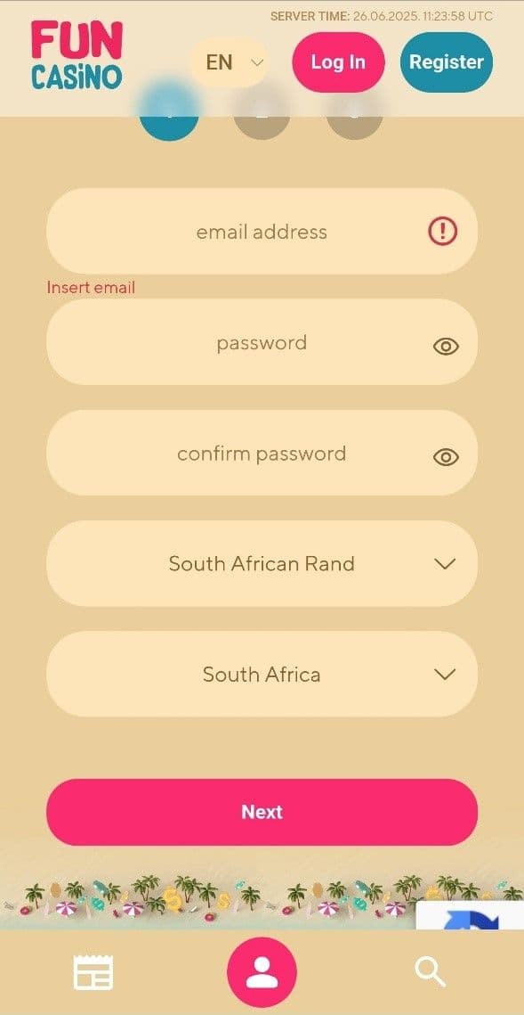 Head over to Fun Casino and tap on Register.