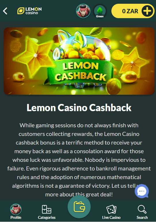 Lemon Casino Cashback Bonus Offer