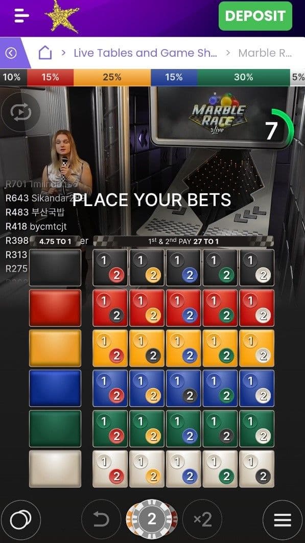 Marble Race is under Live Games and Table Games