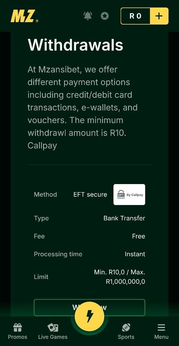 Mzansibet Withdrawal Fees  