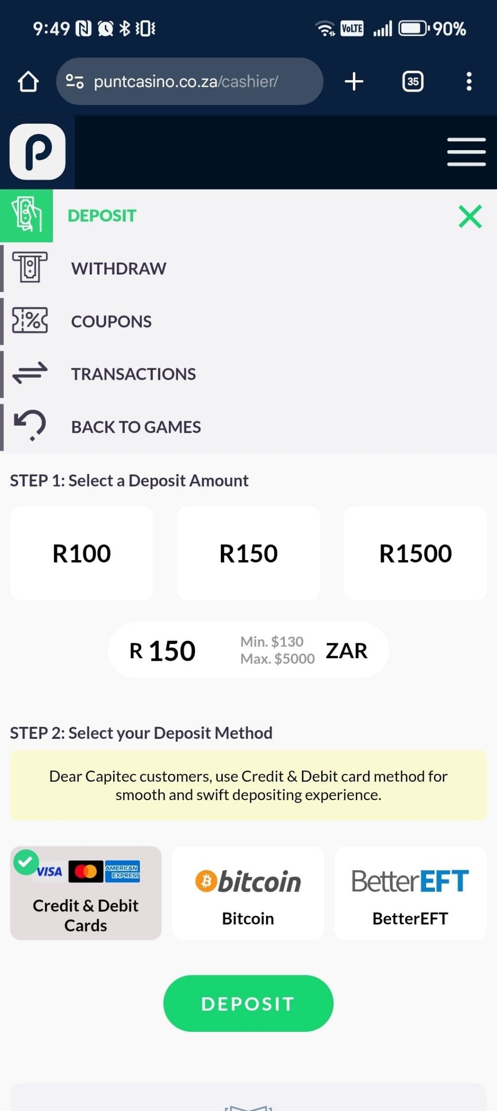 Navigate to the cashier punt casino