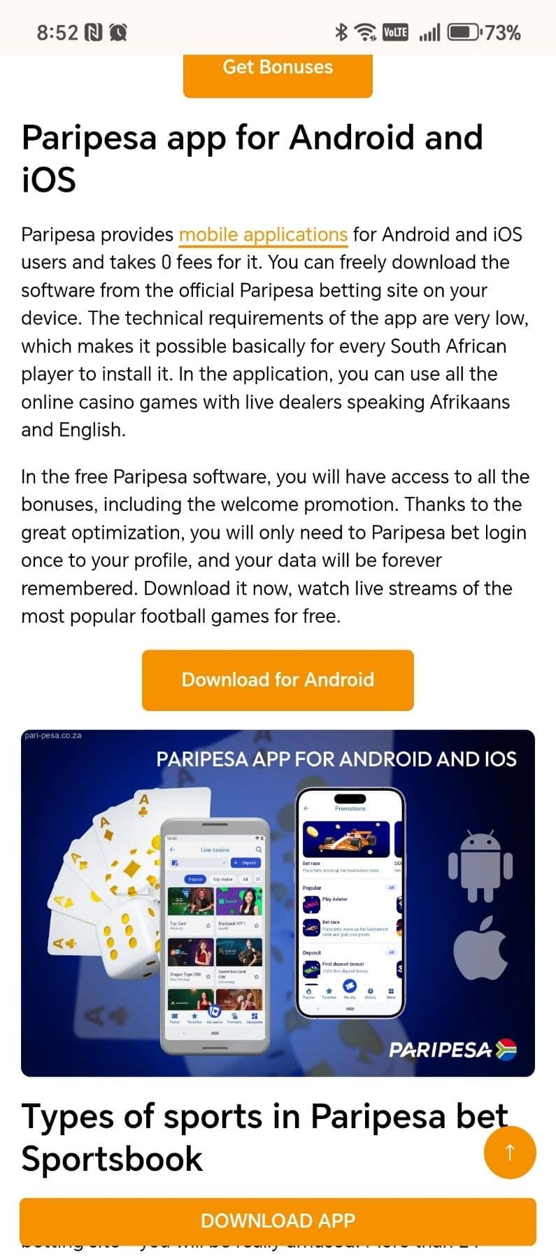 Paripesa Mobile Experience