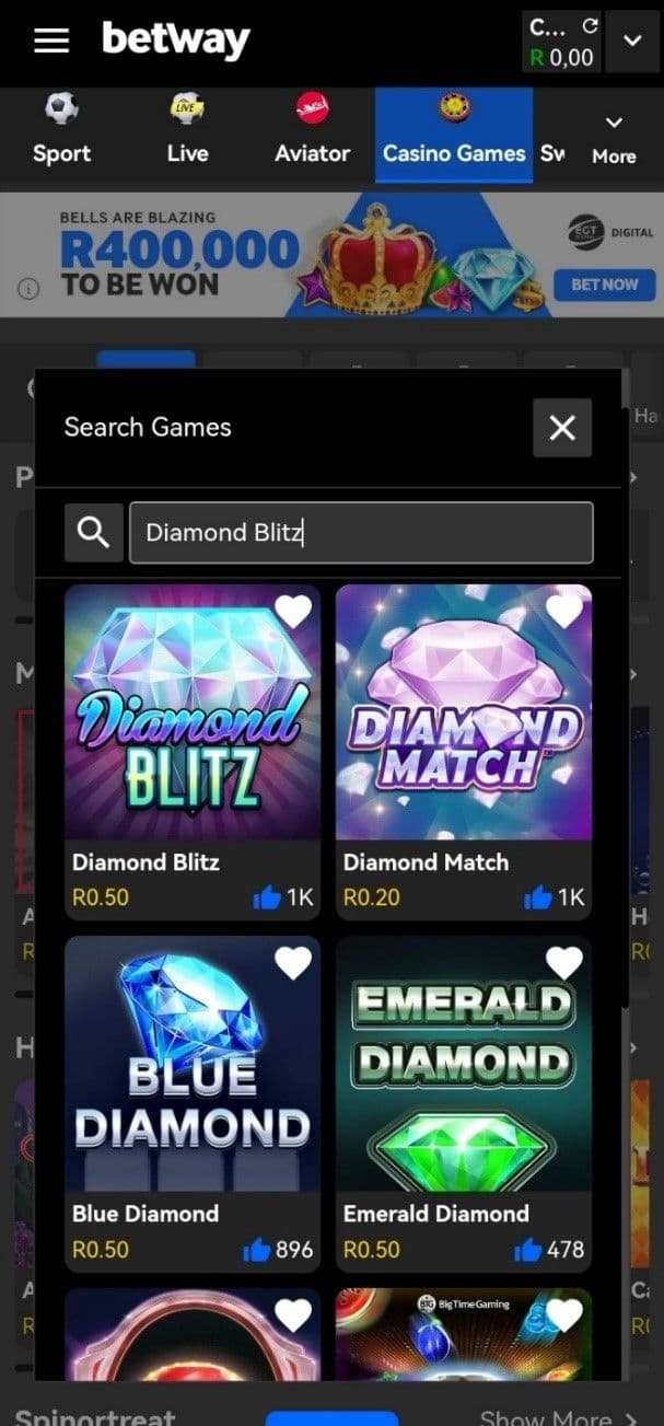 Search for Diamond Blitz in the slot library