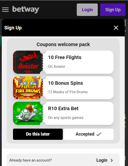 Select any or all Betway bonuses 