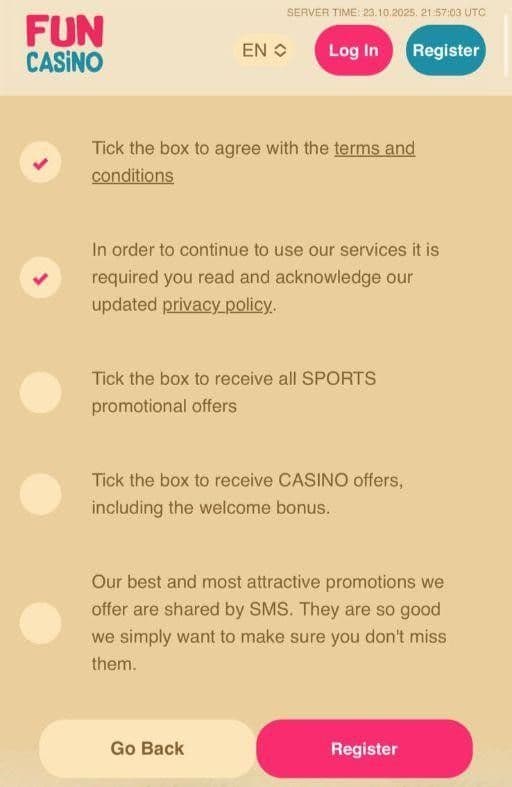 Agree to FUN Casino’s T&Cs and Privacy Policy