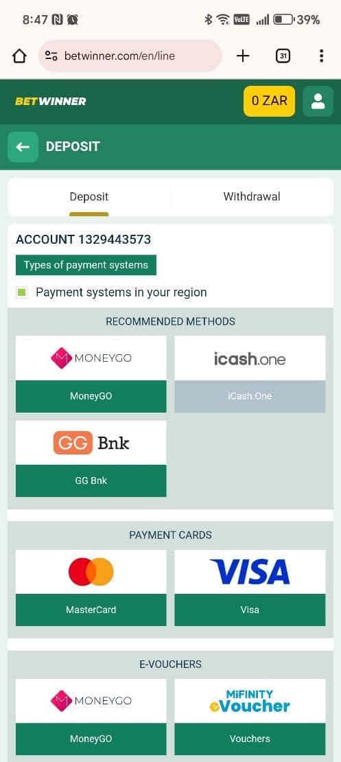 Choose your preferred deposit method betwinner