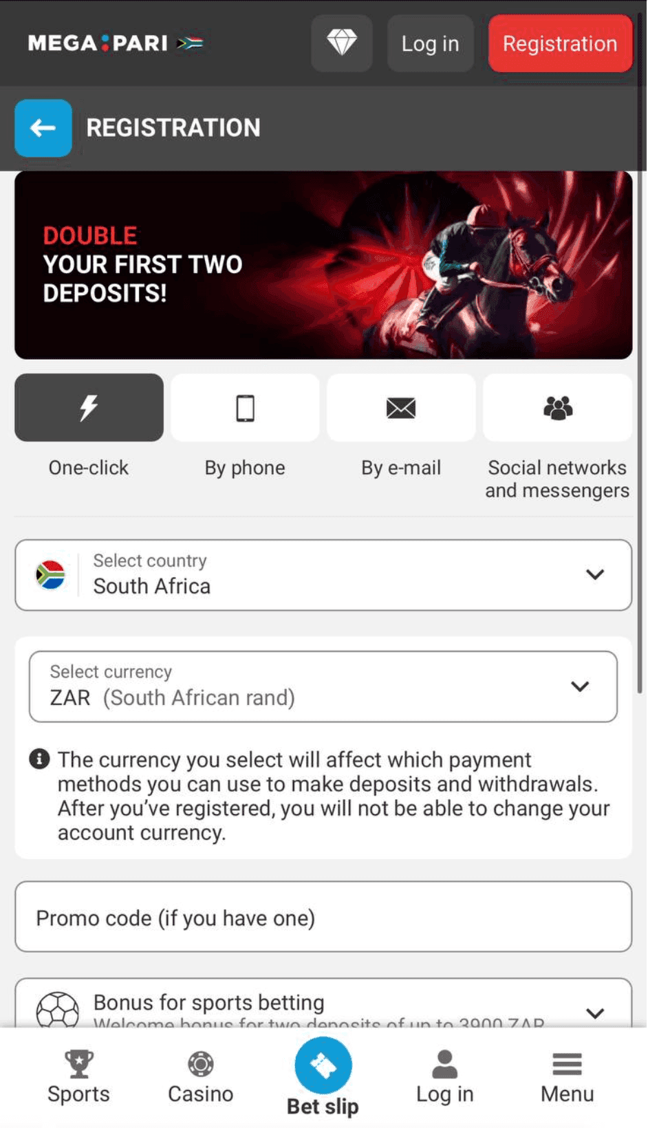 Choose your preferred welcome bonus and your currency.