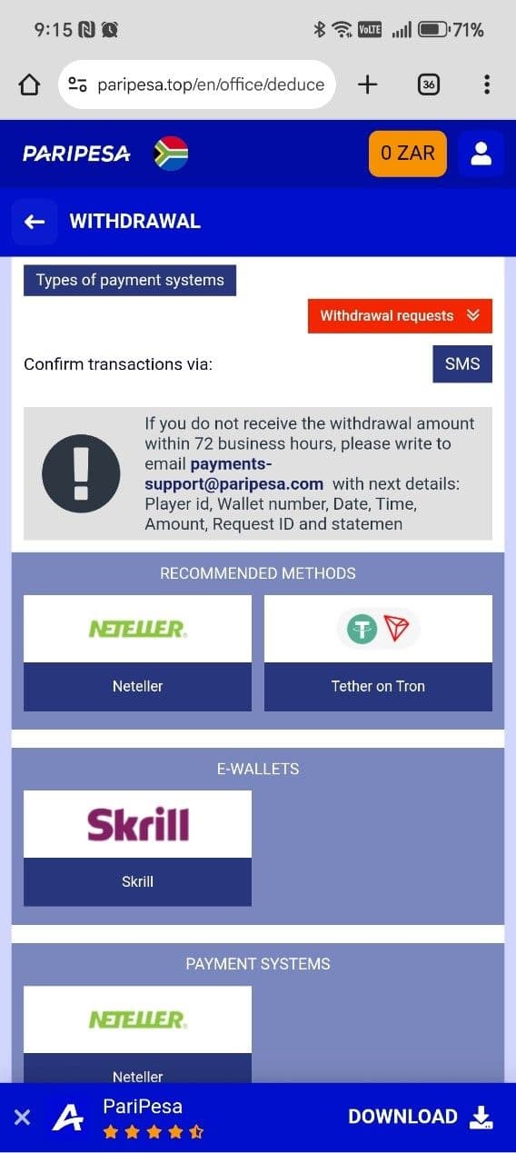 Choose your preferred withdrawal method (like Ozow or crypto).