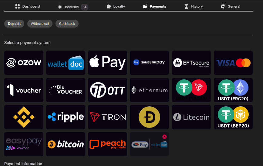 Click on the wallet at the top of the screen to make your deposit