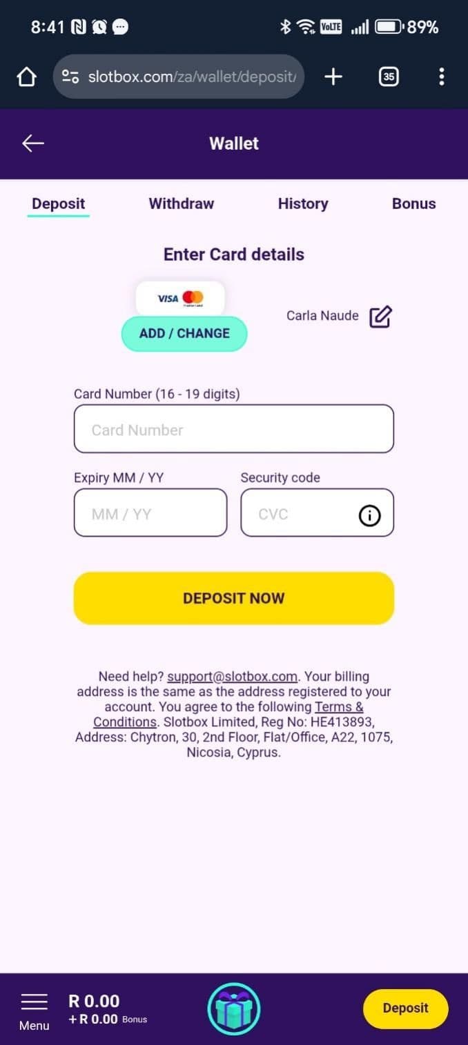 Complete your payment by entering your card details slotbox