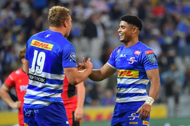 Connor Evans of DHL Stormers and Sacha Feinberg-Mngomezulu of DHL Stormers celebrate the try during the United Rugby Championship match