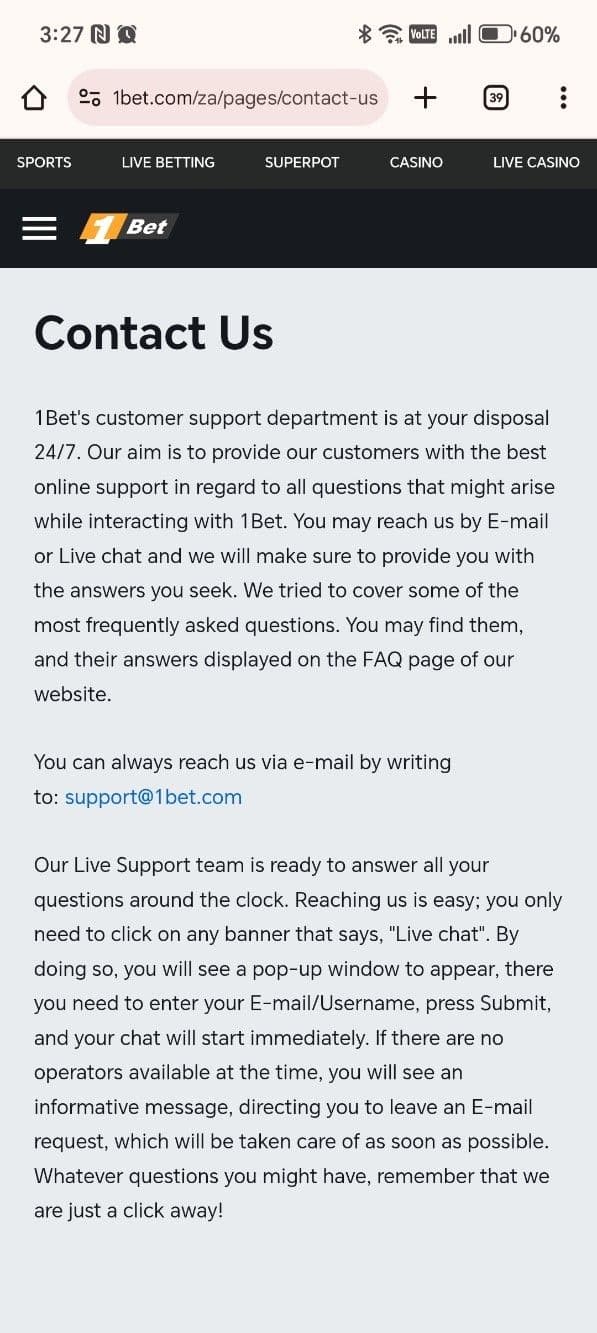 Customer Support 1bet