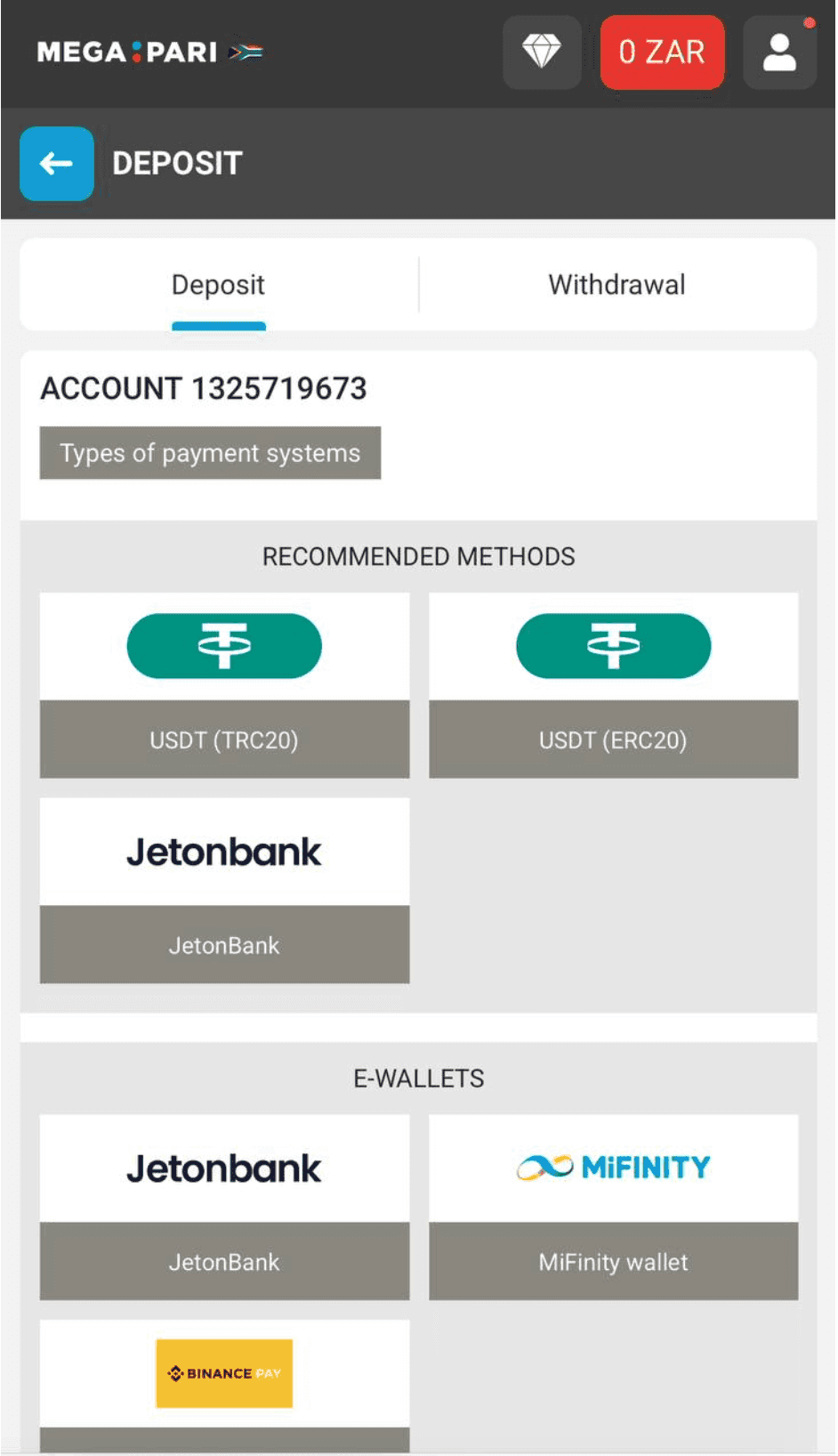 Deposit 100 ZAR or more