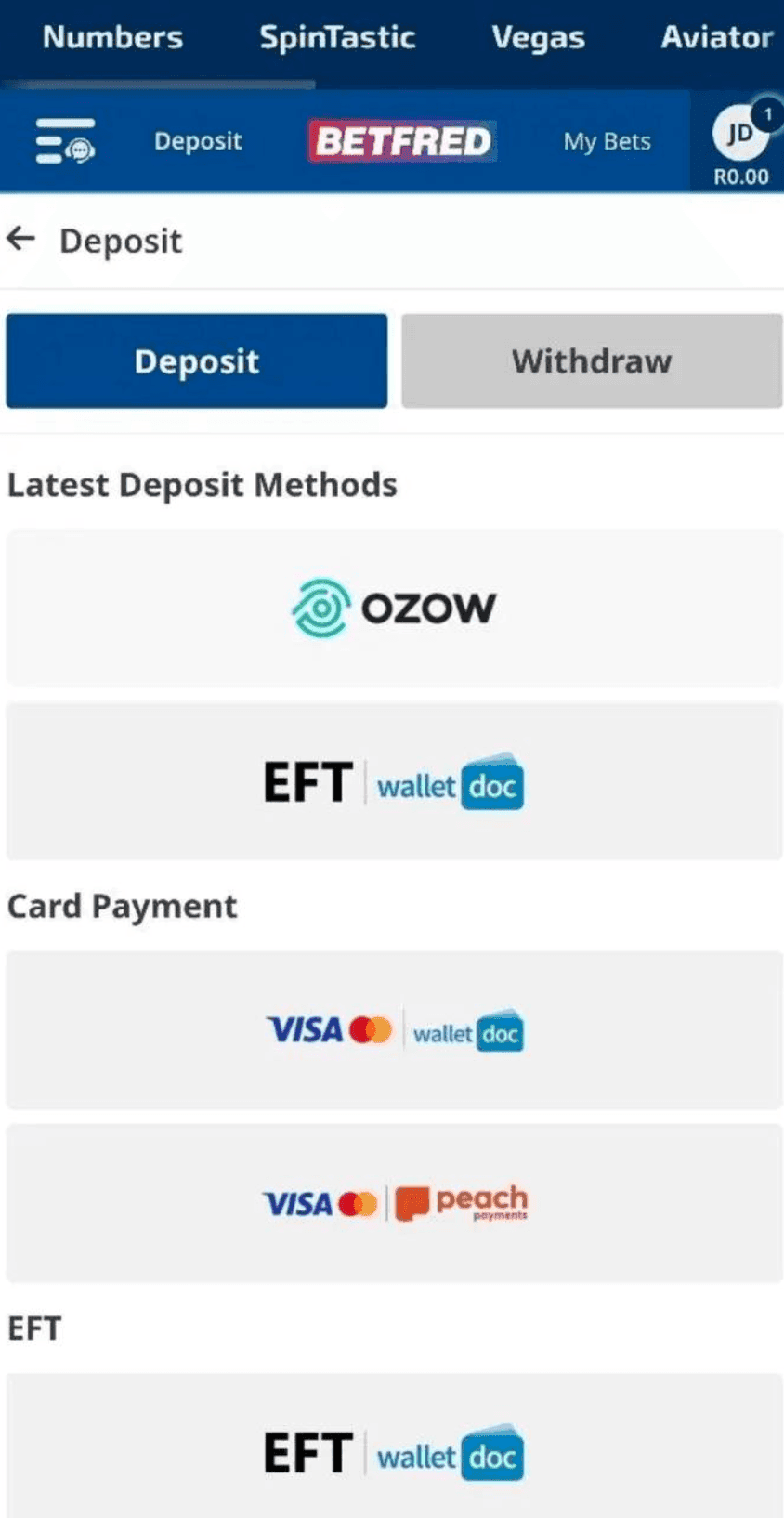 Deposit funds via EFT debit or credit card, or e-wallet