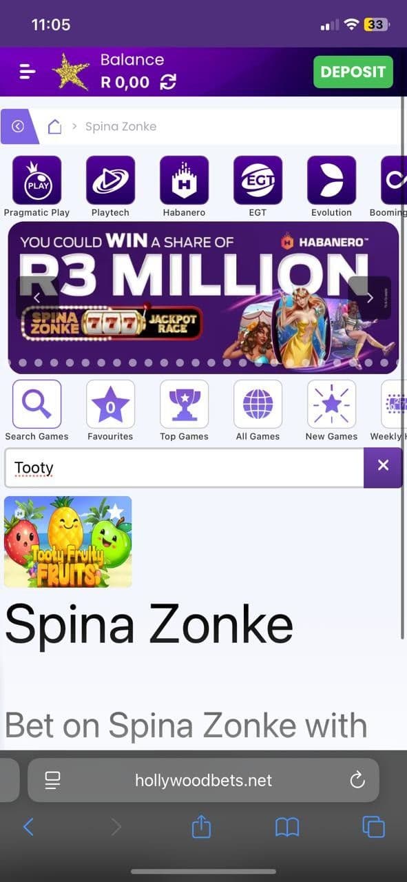 Deposit money and search for the game tooty fruity