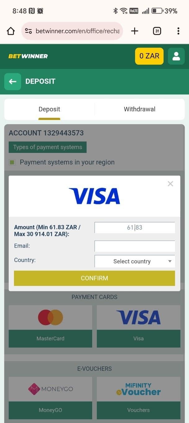 Enter the amount you wish to deposit and confirm