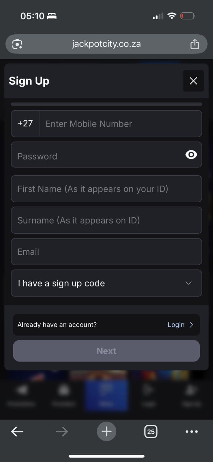 Enter the mobile number, email and password you want to open an account with