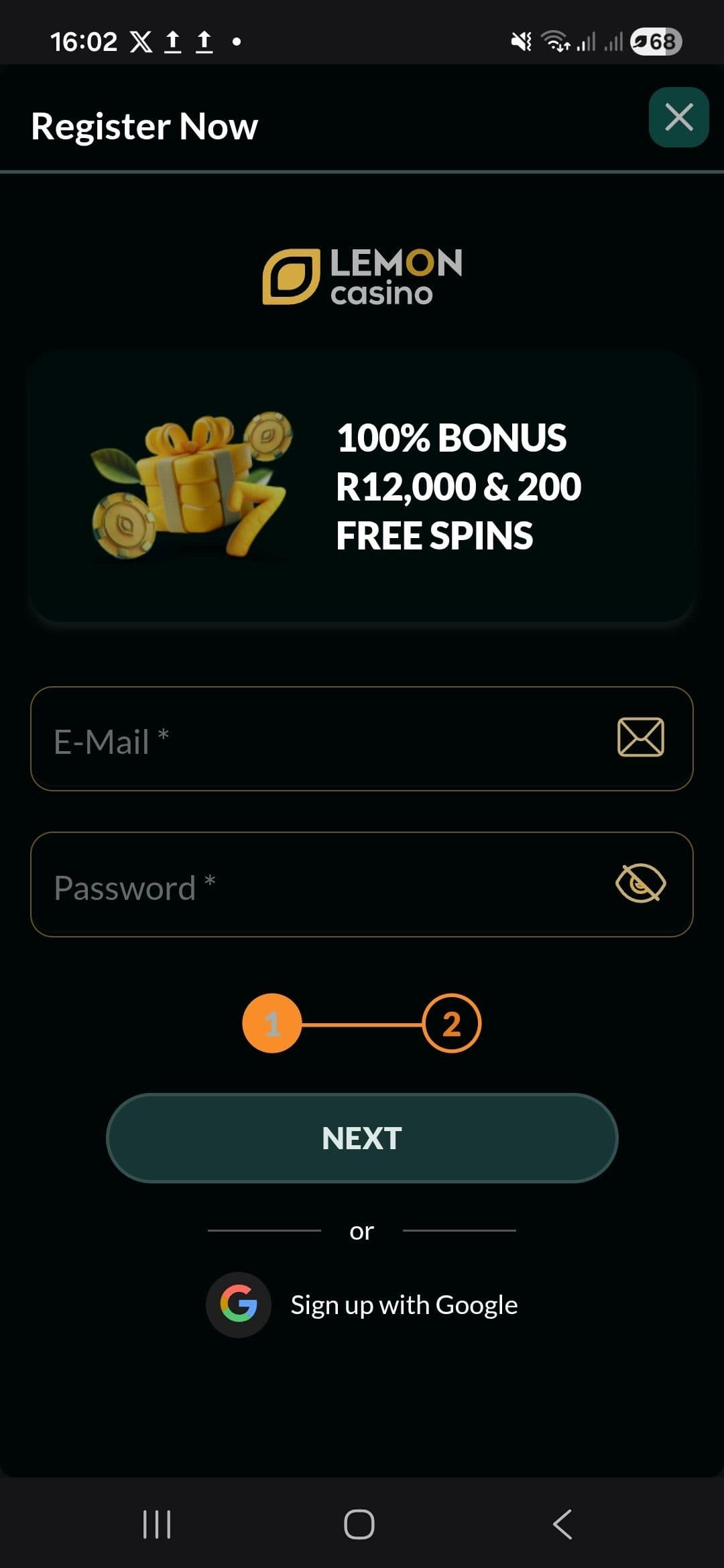 Enter your email, create a password, and select the ZAR currency option.