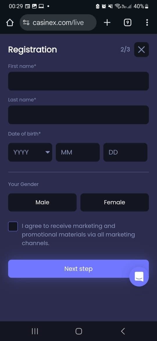 Fill in personal details , name, DOB, and gender
