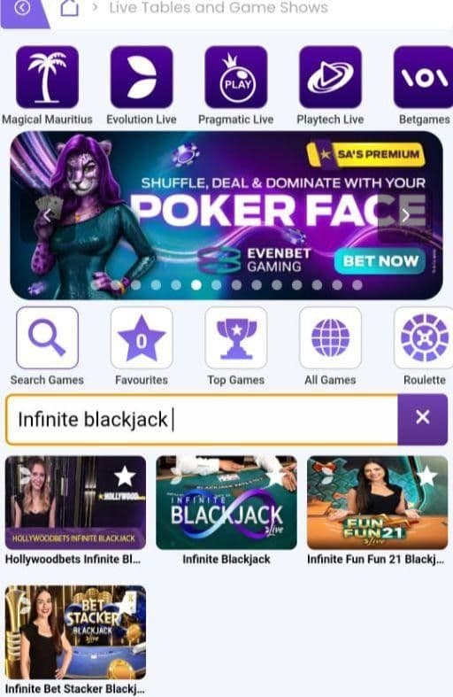 Filter the casino’s Live Dealer lobby by Evolution