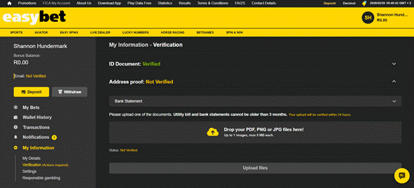 Find the verification page under your profile and upload your FICA documents
