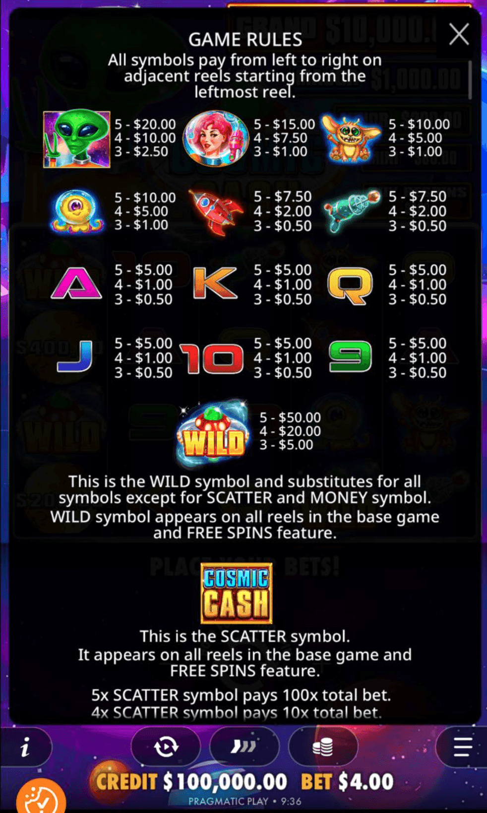 Game Symbols and Payouts cosmic cash