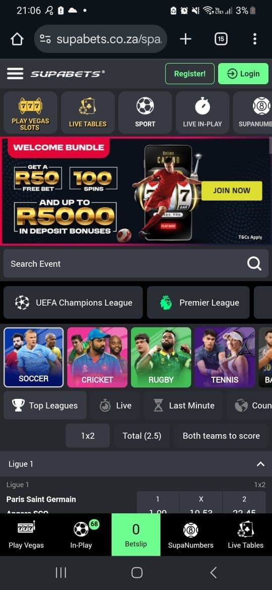 Go to Supabets.co.za on your browser or app.