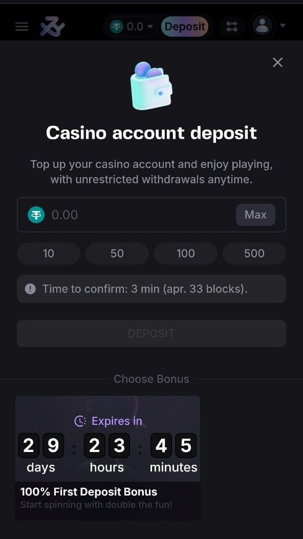 If you are using crypto to deposit, enter the amount and click deposit