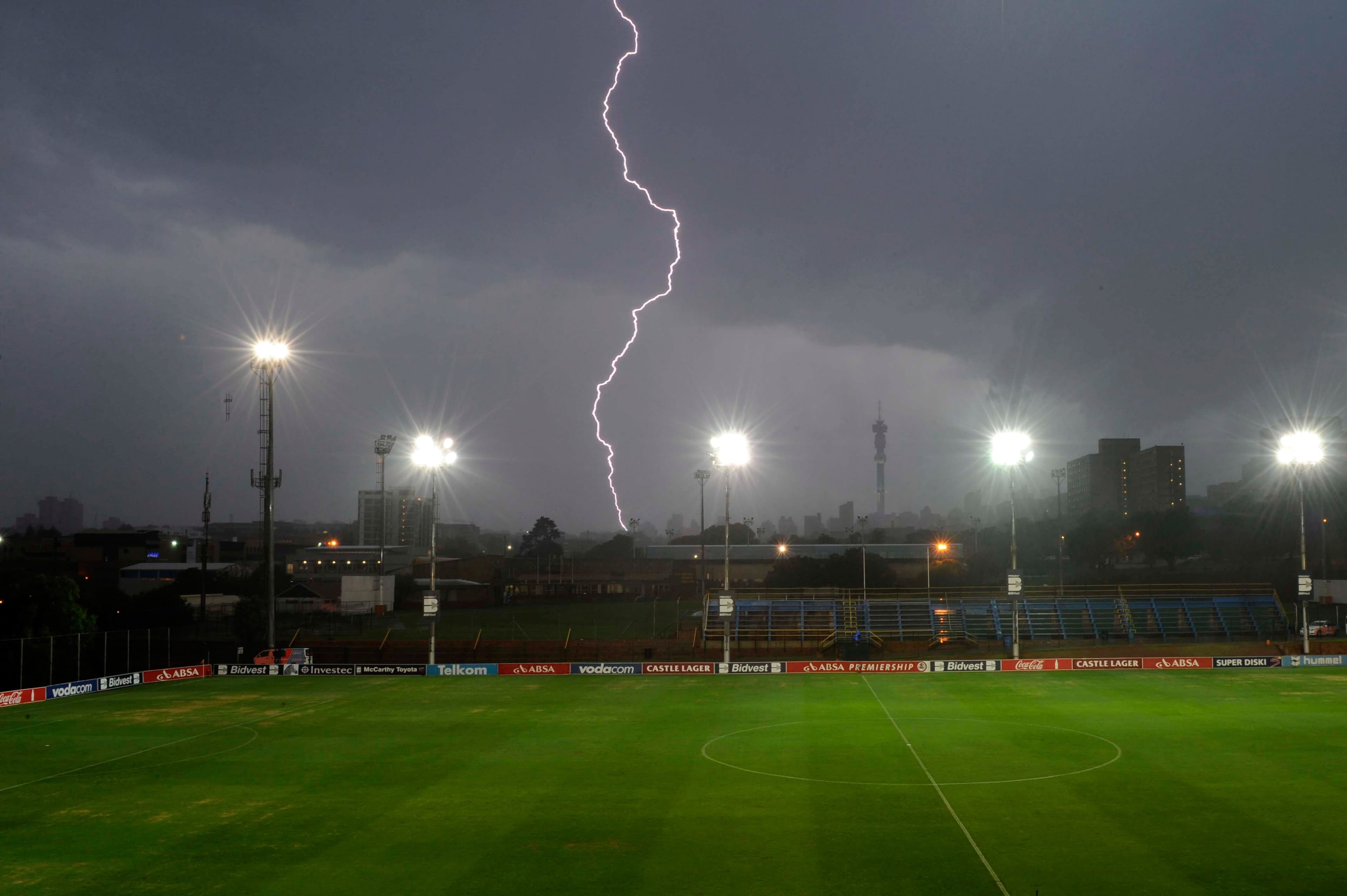 Lightning strikes during a heavy rain storm before the Absa Premiership football match