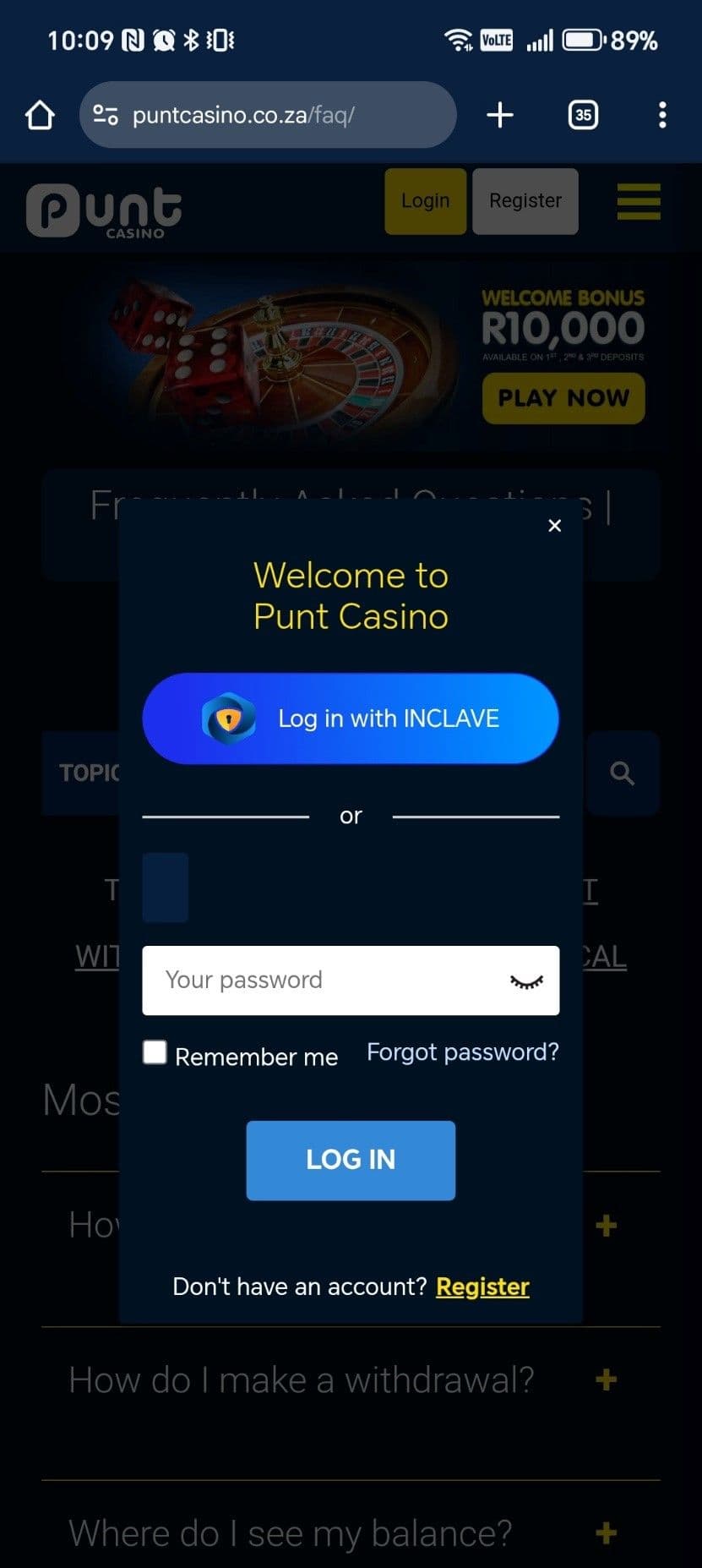Log in to your Punt Casino account