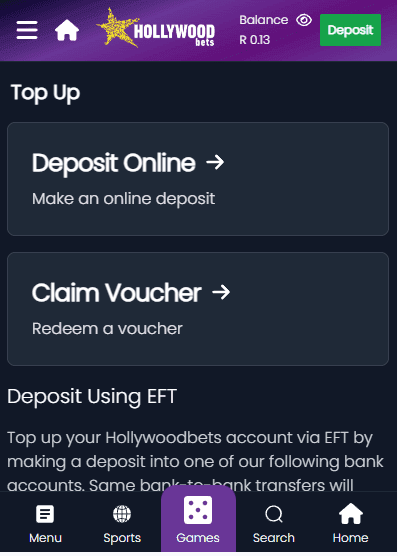 Make a deposit using Ozow, 1Voucher, instant EFT, Zapper