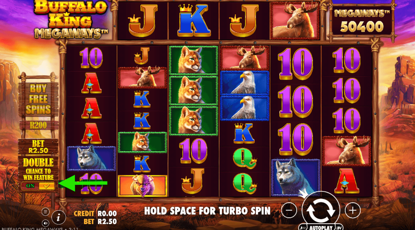 On the left side of the reels, toggle the double chance ante bet