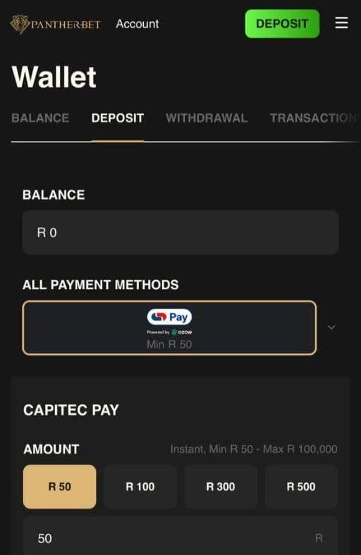 Once verified, click the “Deposit” button in the top right corner