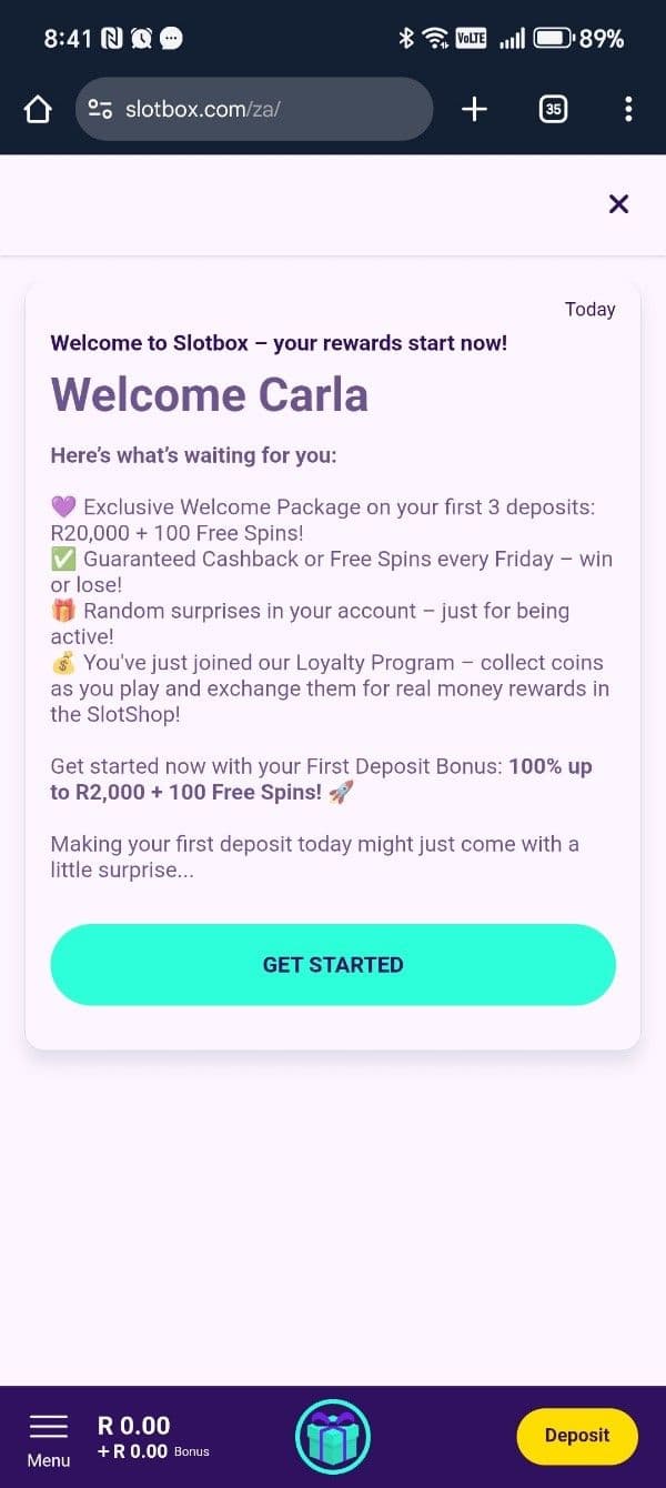 Once you have successfully registered, you will be welcomed with a message from Slotbox