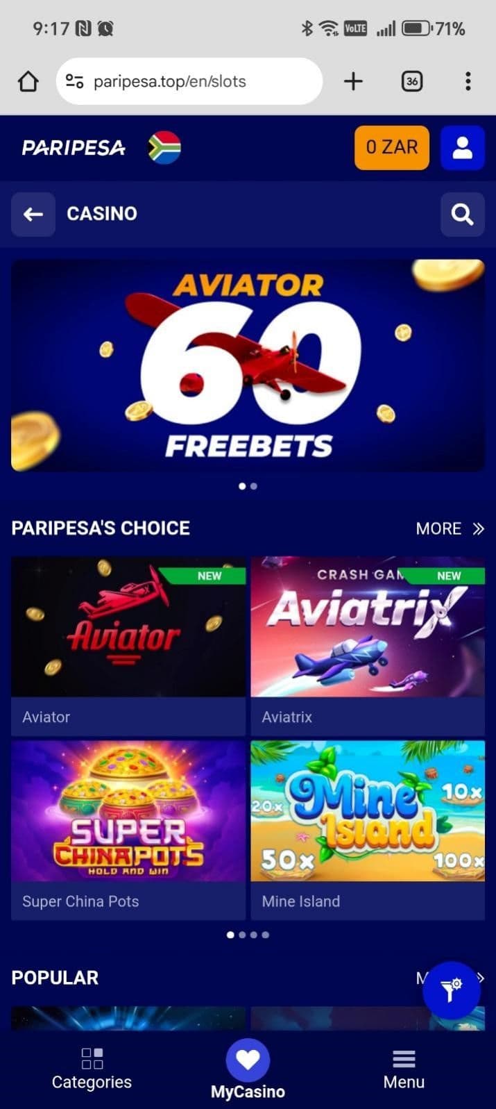 Once your funds have reflected, you can explore the Paripesa game