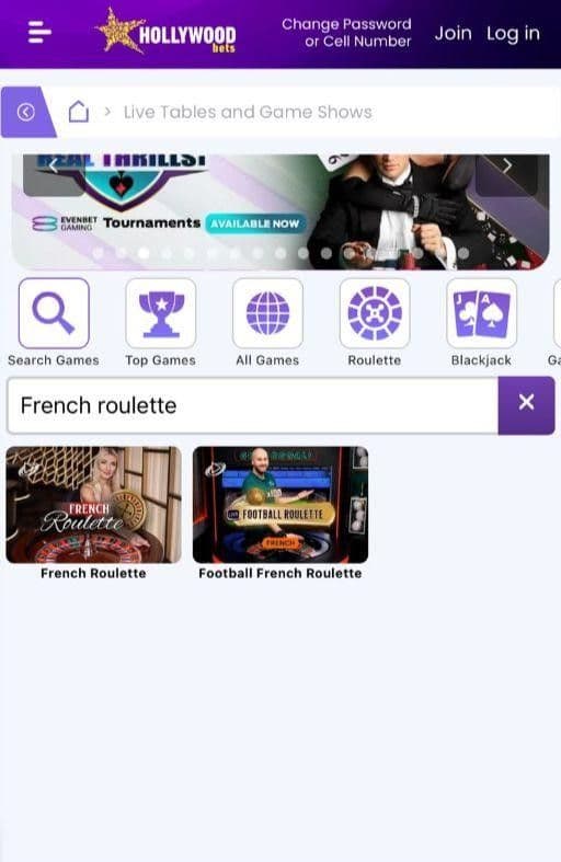 Open the Live Tables lobby and search for French Roulette