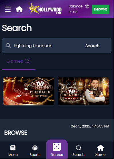 Open the live casino or the table games section