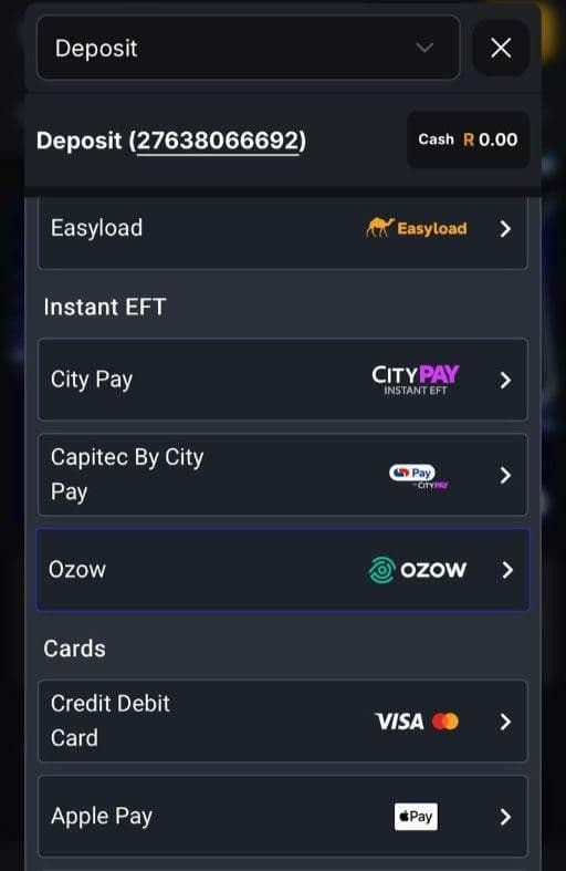 Open your casino wallet to make your first deposit of R50